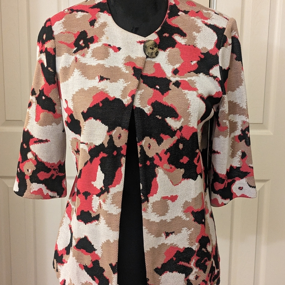 Misook Patterned Open Front Blazer Jacket Coral, Black & Cream w/ 3/4 Sleeves